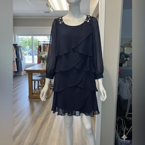 SL Fashions Navy Ruffled Long Sleeve Dress